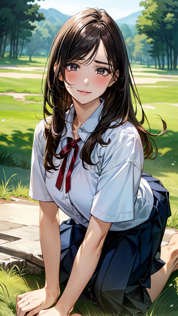 (masterpiece:1.2, top-quality, ultra high res, ultra detailed), (realistic, photorealistic:1.4), beautiful illustration, (natural side lighting, movie lighting),
looking at viewer, (face focus, upper body), 1 girl, japanese, high school dirl, perfect face, (perfect anatomy), cute and symmetrical face, baby face, shiny skin, slender
(long hair:1.5, straight hair:1.2, sark brown hair), parted bangs, grey eyes, long eye lasher, (medium breasts),
beautiful hair, beautiful face, beautiful detailed eyes, beautiful clavicle, beautiful body, beautiful chest, beautiful thigh, beautiful legs,
((detailed cloth texture, short sleeve white collared shirts, navy blue pleated mini skirt, red neck ribbon), , ,
(beautiful scenery), hands on chest, (lovely smile, upper eyes),
A girl is on all fours in a grassy field. She is carrying a large dog on her back and mating in the rear position.
Her face is bright red and flushed, her brow is furrowed, and she looks like she is about to cry.
The skirt is very short.