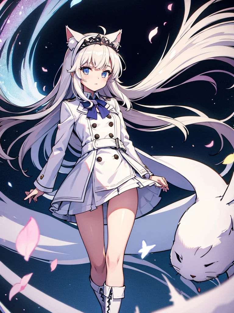 White silk tights，Short skirt，Boots，Lining，coat，White long hair，A cat lady，Loli，small headdress，White, light blue, light pink，Standing
