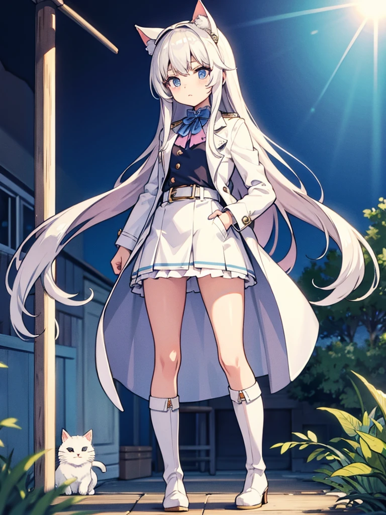 White silk tights,Short skirt,Boots,Lining,coat,White long hair,A cat lady,Loli,small headdress,White, light blue, light pink,Standing
