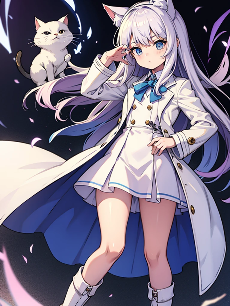 White silk tights,Short skirt,Boots,Lining,coat,White long hair,A cat lady,Loli,small headdress,White, light blue, light pink,Standing