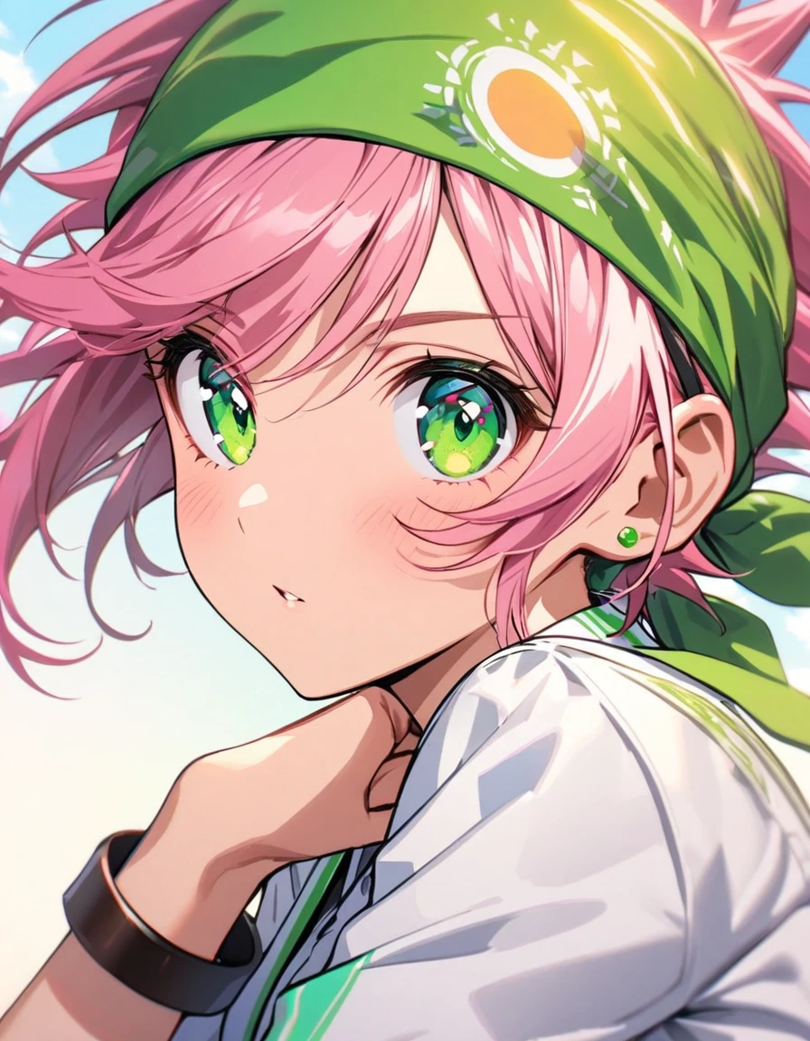 " girl with short spiky pink hair and vibrant green eyes,Sun-kissed skin, athletic build. Wearing a white skirt, white blazer,leather bracelet, a bandana on her head,Lively and adventurous expression,portrait closeup,