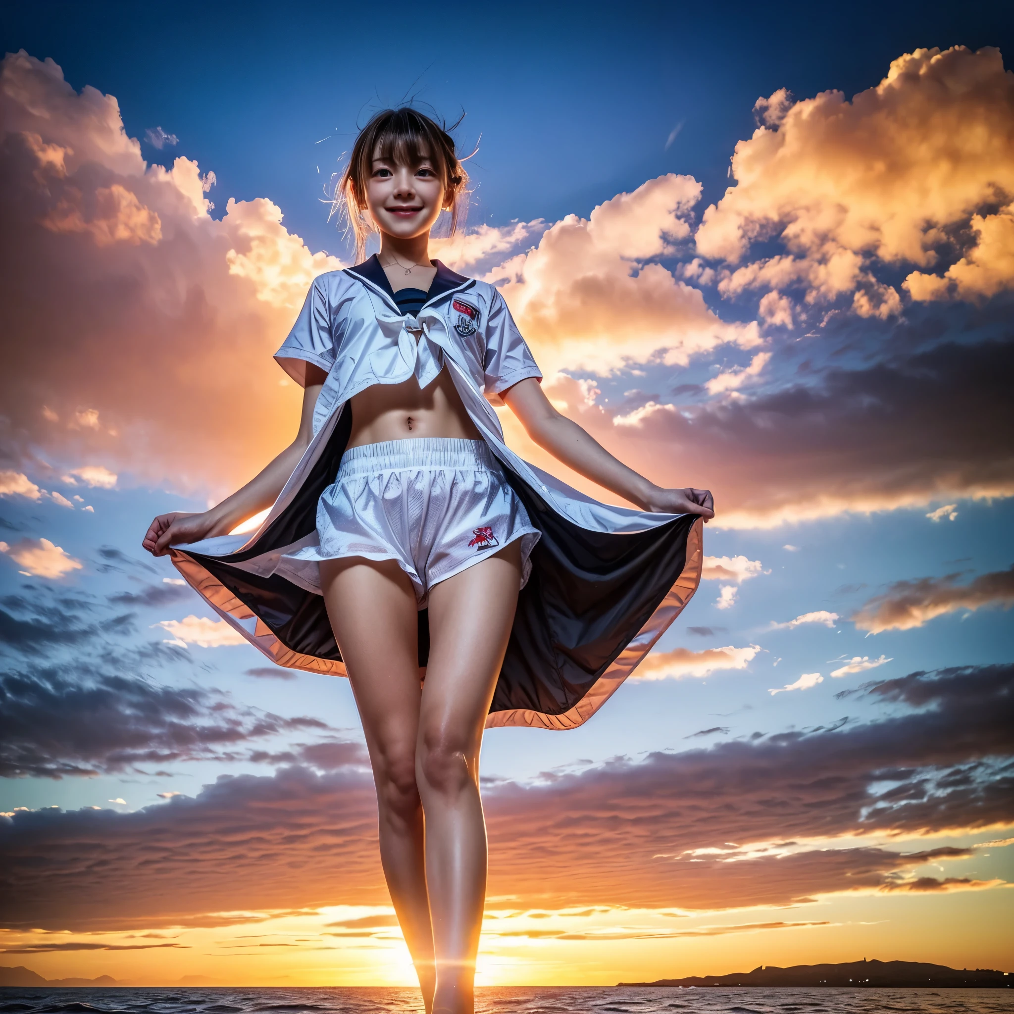 ((ExtremelyDetailed ( KAWAII Girl Floating:1.37) in WHITE at Dusk Enoshima Beach)), (masterpiece 8K TopQuality) (ProfessionalPhoto:1.37), {(Standing Full Body:1.2)|(from below:1.2)}, Different types of hair colors, {(White skinny(School Swimwear))|(SchoolUniform) with Tiny AthleticShorts}, {(Corrected Childish hand)|Hidden hand|Armpit|Different types of breasts|(Clearly Visible the shape of Butt)}, Joyful Expressions LifeLike Rendering, PerfectLighting, Dazzling Horizon {Colorful Clouds | Starry IridescentParticles} VolumetricLighting (Acutance:0.8)