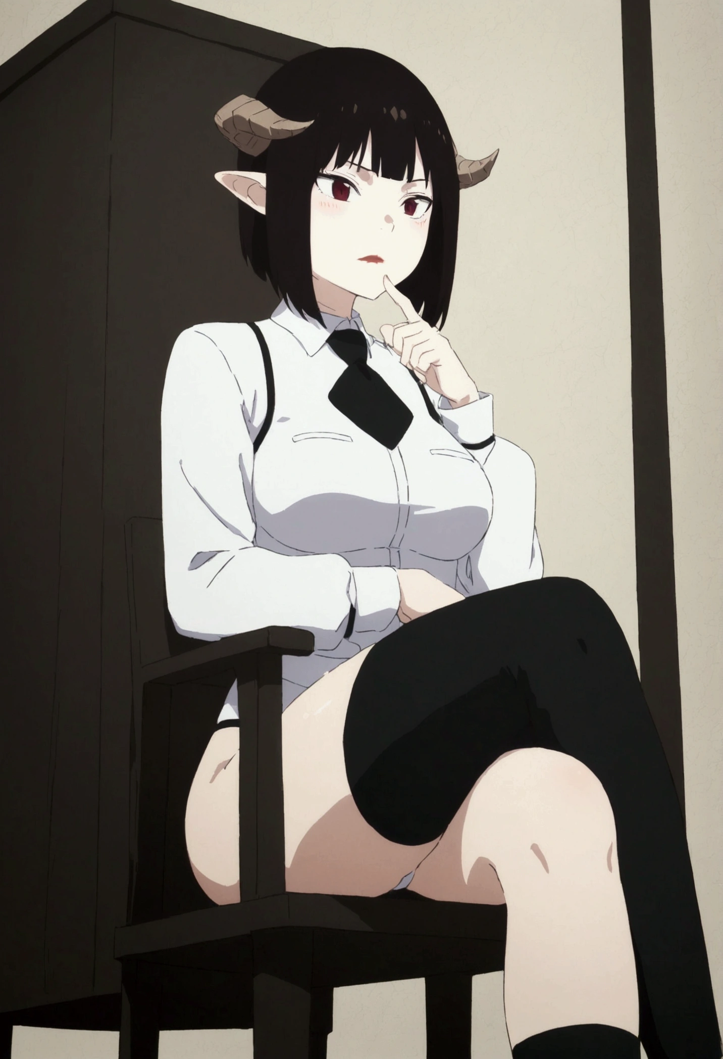 (work of art, ultra detali,high resolution,8K), 1 girl ,standing alone,hinterland, TochaTortura, trunk,sheen,brunette skin,sitting on a chair,legs crossed,,black socks,horns on head,serious look,staring overhead,blushed,finger her mouth,finger our lips
