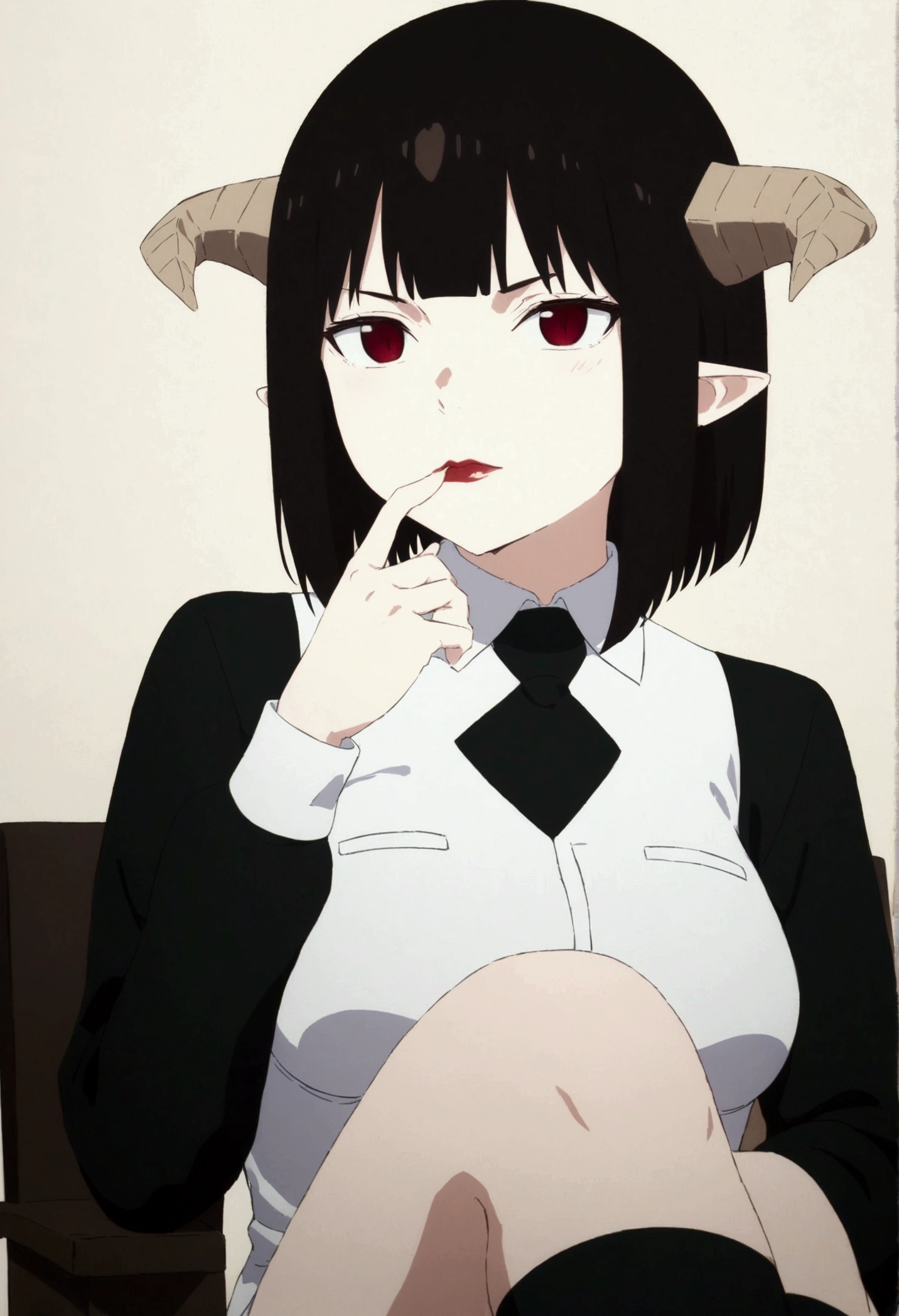 (work of art, ultra detali,high resolution,8K), 1 girl ,standing alone,hinterland, TochaTortura, trunk,sheen,brunette skin,sitting on a chair,legs crossed,,black socks,horns on head,serious look,staring overhead,blushed,finger her mouth,finger our lips