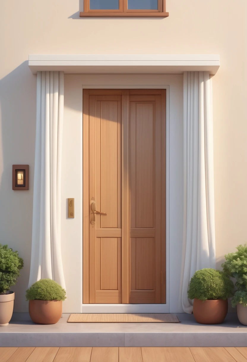 Cartoon of a closed door, welcoming, with a small balcony, windows with white curtains and light wooden door with a simple finish, sleek design, animated film, animated film, artistic rendering