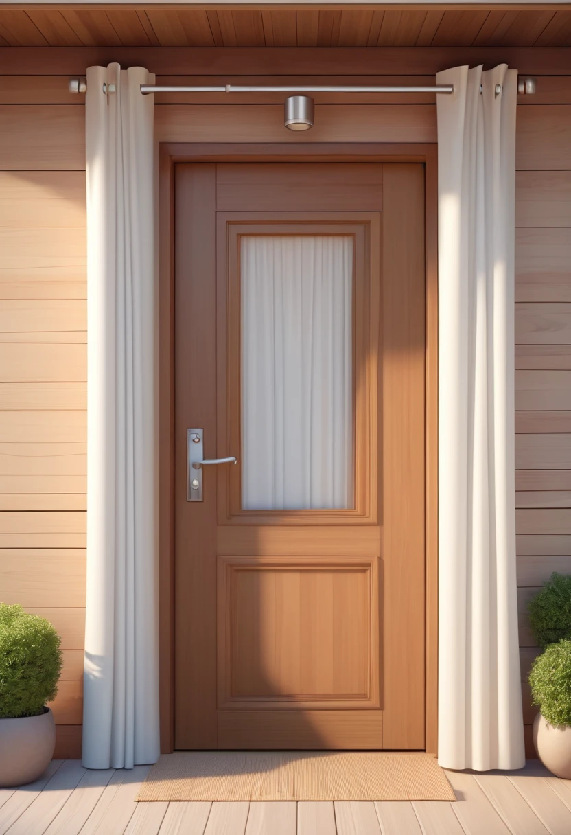 Cartoon of a closed door, welcoming, with a small balcony, windows with white curtains and light wooden door with a simple finish, sleek design, animated film, animated film, artistic rendering