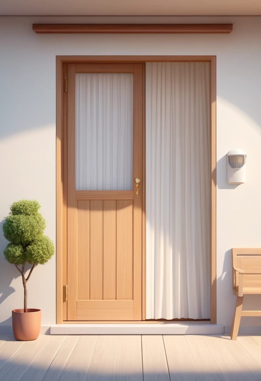 Cartoon of a closed door, welcoming, with a small balcony, windows with white curtains and light wooden door with a simple finish, sleek design, animated film, animated film, artistic rendering
