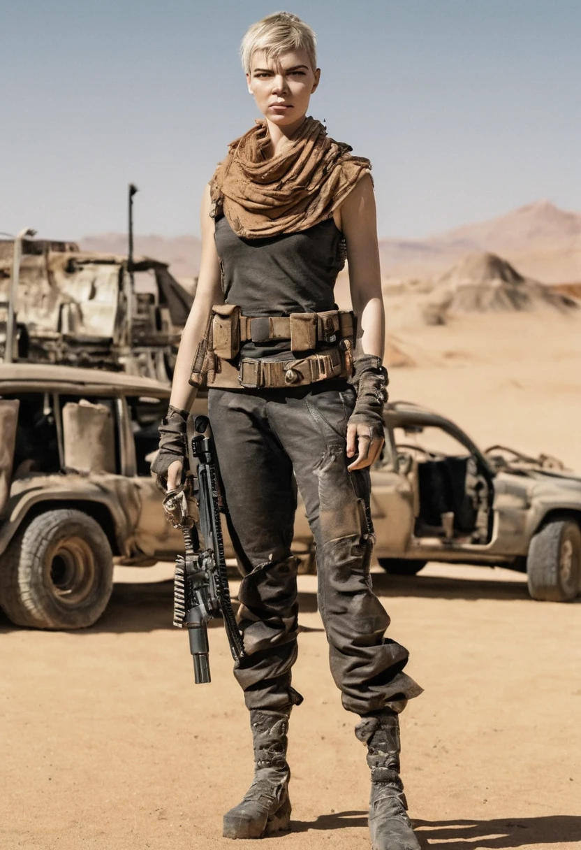 Anya Taylor-Joy as Imperator Furiosa from the Mad Max Saga movie, wearing apocalyptic armor and pants and scarf,  holding a rifle in front of survivor's base camp at the desert
