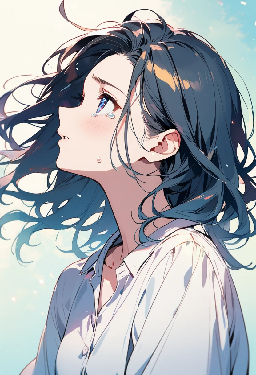 Anime style:1 girl looking up and crying,Profile,90 degree tilt of neck,Face up