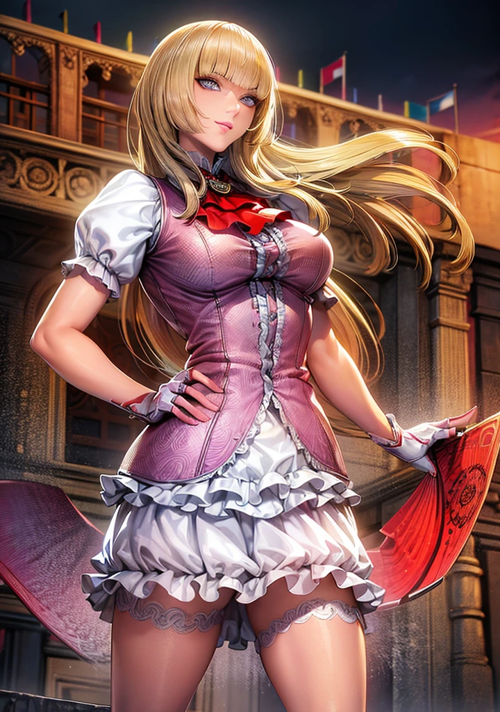 perfect eyes:1.2, detailed eyes:1.4, Emilie T8, blunt bangs, blue eyes, hands on hip, long hair, blonde hair, pink thighhighs, pink frilled dress, frilled ascot, fingerless gloves, smile, red eyeshadow:1.2, makeup:1.2, cowboy shot, 1girl, solo, (masterpiece:1.6, best quality), 8k, insane details, intricate details, hyperdetailed, hyper quality, high detail, ultra detailed, professional, HDR, ray tracing reflection, cinematic lighting,
