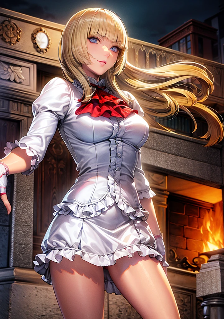 perfect eyes:1.2, detailed eyes:1.4, Emilie T8, blunt bangs, blue eyes, hands on hip, long hair, blonde hair, pink thighhighs, pink frilled dress, frilled ascot, fingerless gloves, smile, red eyeshadow:1.2, makeup:1.2, cowboy shot, 1girl, solo, (masterpiece:1.6, best quality), 8k, insane details, intricate details, hyperdetailed, hyper quality, high detail, ultra detailed, professional, HDR, ray tracing reflection, cinematic lighting,
