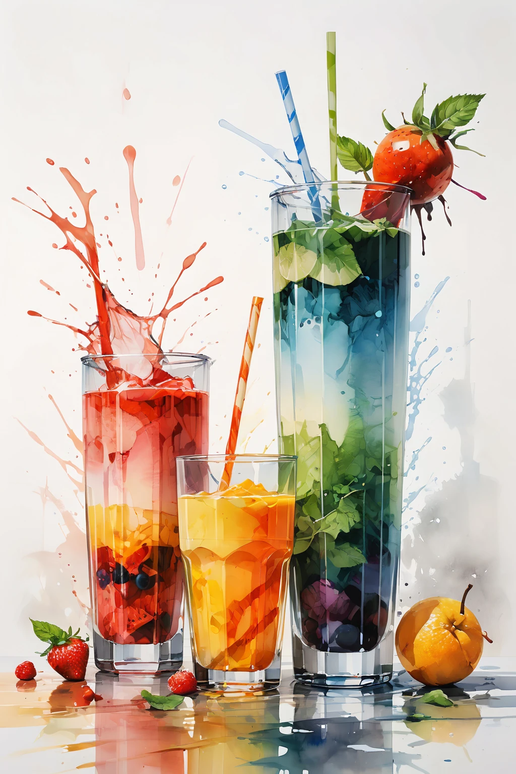 there are two types of colorful healthy drinks served in two glasses, the glasses sitting on a surface, juices, smoothie and infused water , illustration, isolated with solid white background, surrounded with negative space, centered composition, highest detailed painting, very precise line, Isolated, clear solid white background, perspective angle of view, ((watercolor:1.5)), (lora:add-detail-xl:1), (masterpiece), (best quality), no bread on the floor, washed out color, oil and watercolor painting