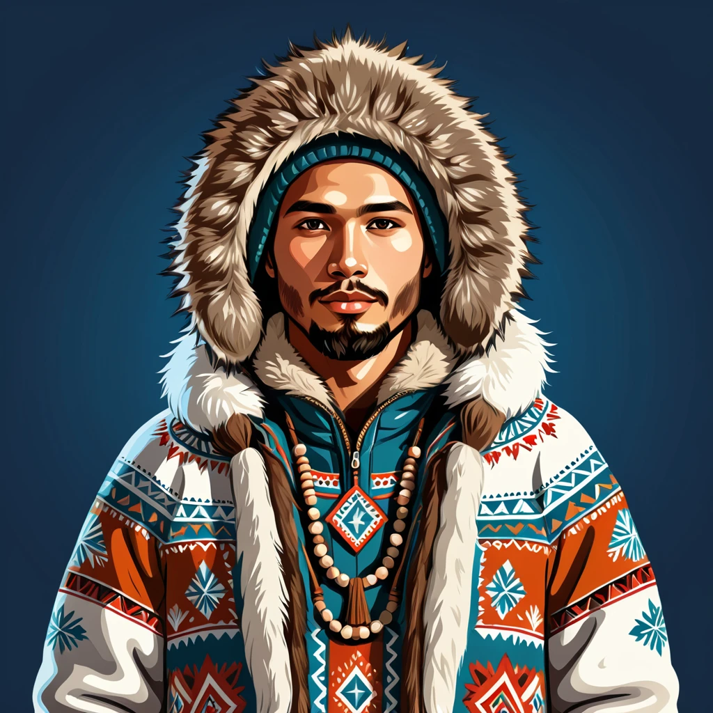 man in eskimo  folk outfit, vector graphics, strong contours
