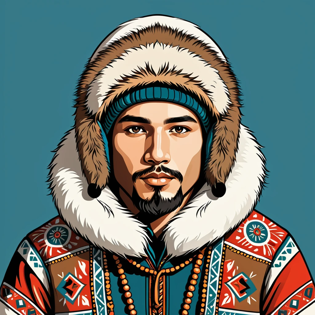 man in eskimo  folk outfit, vector graphics, strong contours
