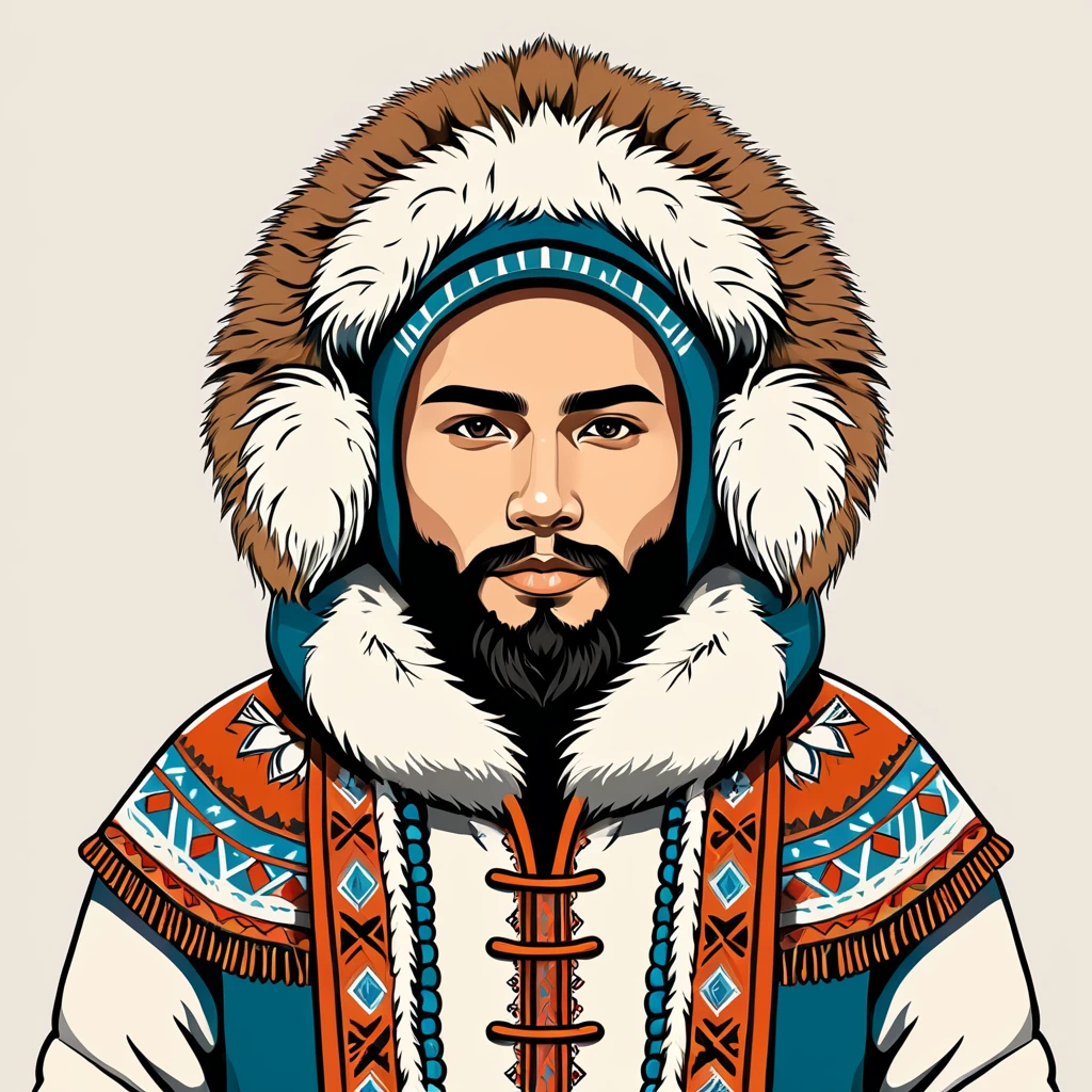 man in eskimo folk outfit, vector graphics, strong contours