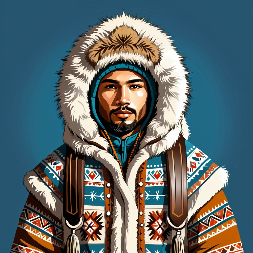 man in eskimo folk outfit, vector graphics, strong contours