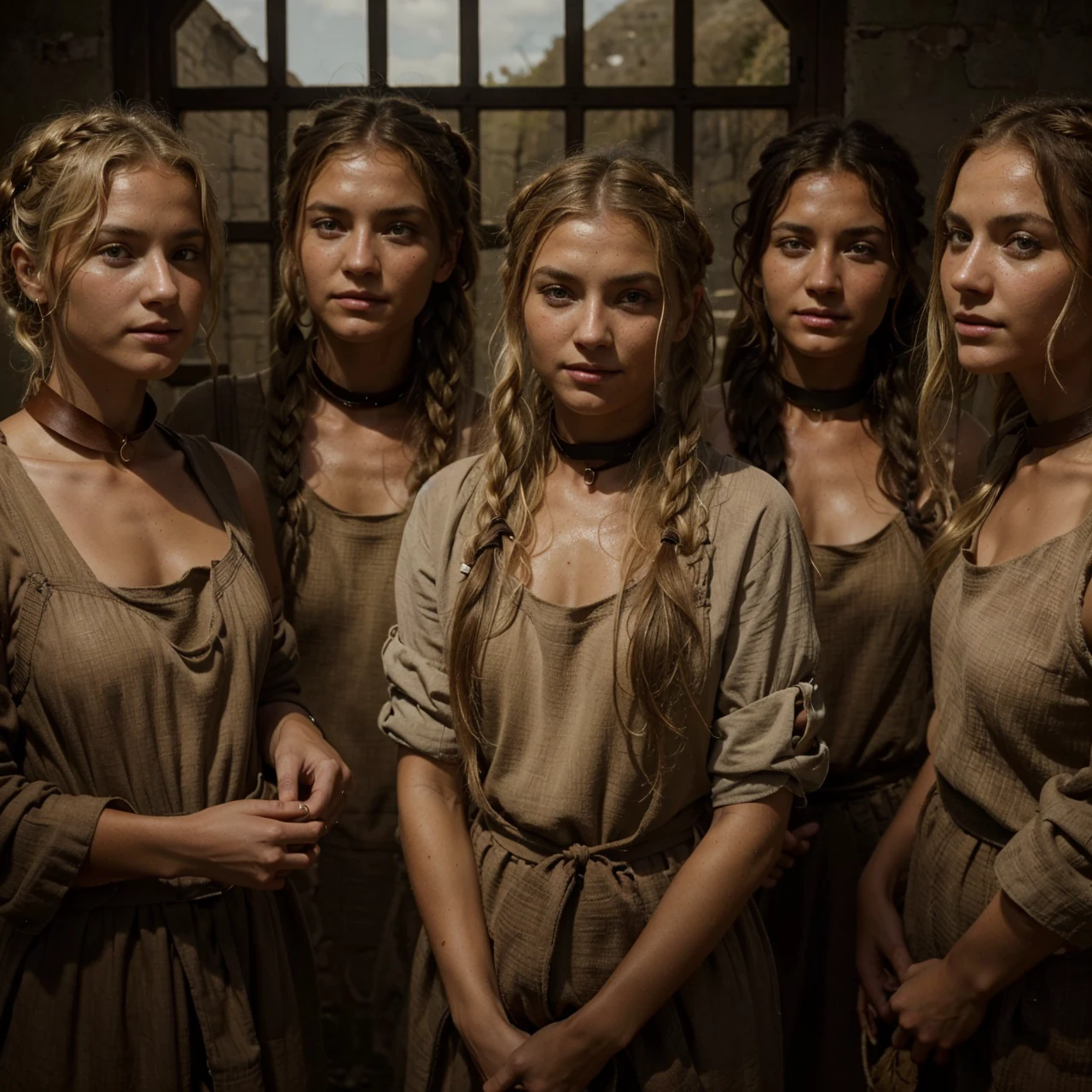 A Roman slave on a farm is a beautiful blonde german girls with regular facial features, sweaty, tanned, not washed, dressed in a very short tattered burlap tunic with slits on the hips, barefoot, a slave collar around her neck, thick hair tied in a ponytail, carries a basket of livestock feed, depraved, sensual many details high texture of clothes, bodies, hyperrealism against the background of the rural landscape of southern Italy
Меню
Словарь и онлайн перевод на английский, русский