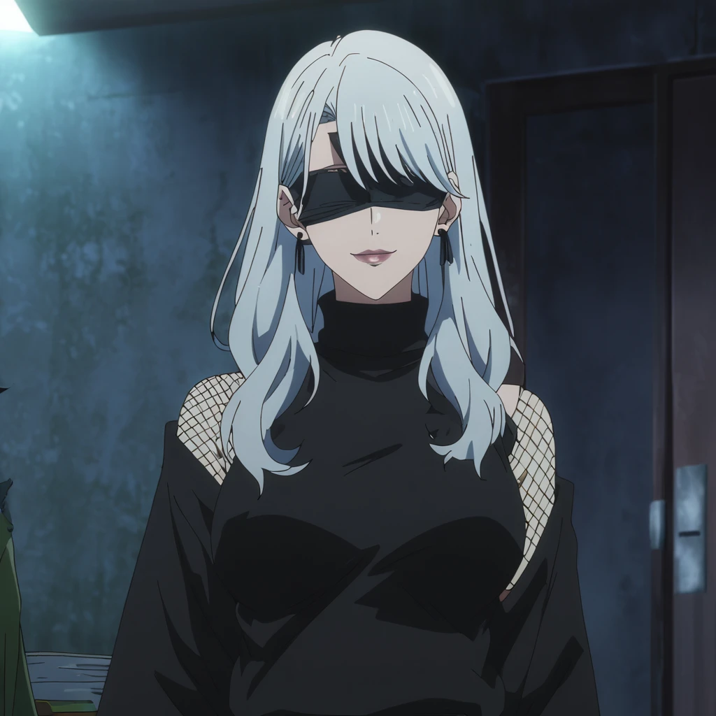 1girl, female gojo satoru, anime screencap from jujutsu kaisen, gojo satoru female version, solo, long_hair, ((wearing black blindfold)) ((White_hair, wavy hair)), night view, (hanging breasts) upper_body, smile, indoors, book, lips, (slightly straight hair) ((wearing black colour sweater with turtle neck and fishnet stockings)) breast, "very detailed and high resolution" (black blindfold) ((shoulder length straight hair)) ((solo)) (((front view))) (earings) ((high resolution)) ((good quality)) ((swept bangs))