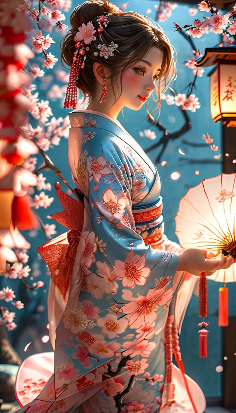 A masterpiece of a high school girl in a provocative kimono.: A masterpiece in 16K UHD resolution takes place in a Japanese-style room decorated with cherry blossoms and lanterns.。An attractive young woman with brown hair falling down her back、She wears a flowing kimono that accentuates her curves..。His blue eyes shine with admiration as he smiles with his mouth open...、Its detailed features give off a blushing charm.。Photorealistic images are、From the seams of your kimono to every strand of hair、Capture every detail as the light flows softly behind her..。Her long fingers are adorned with intricate nails.