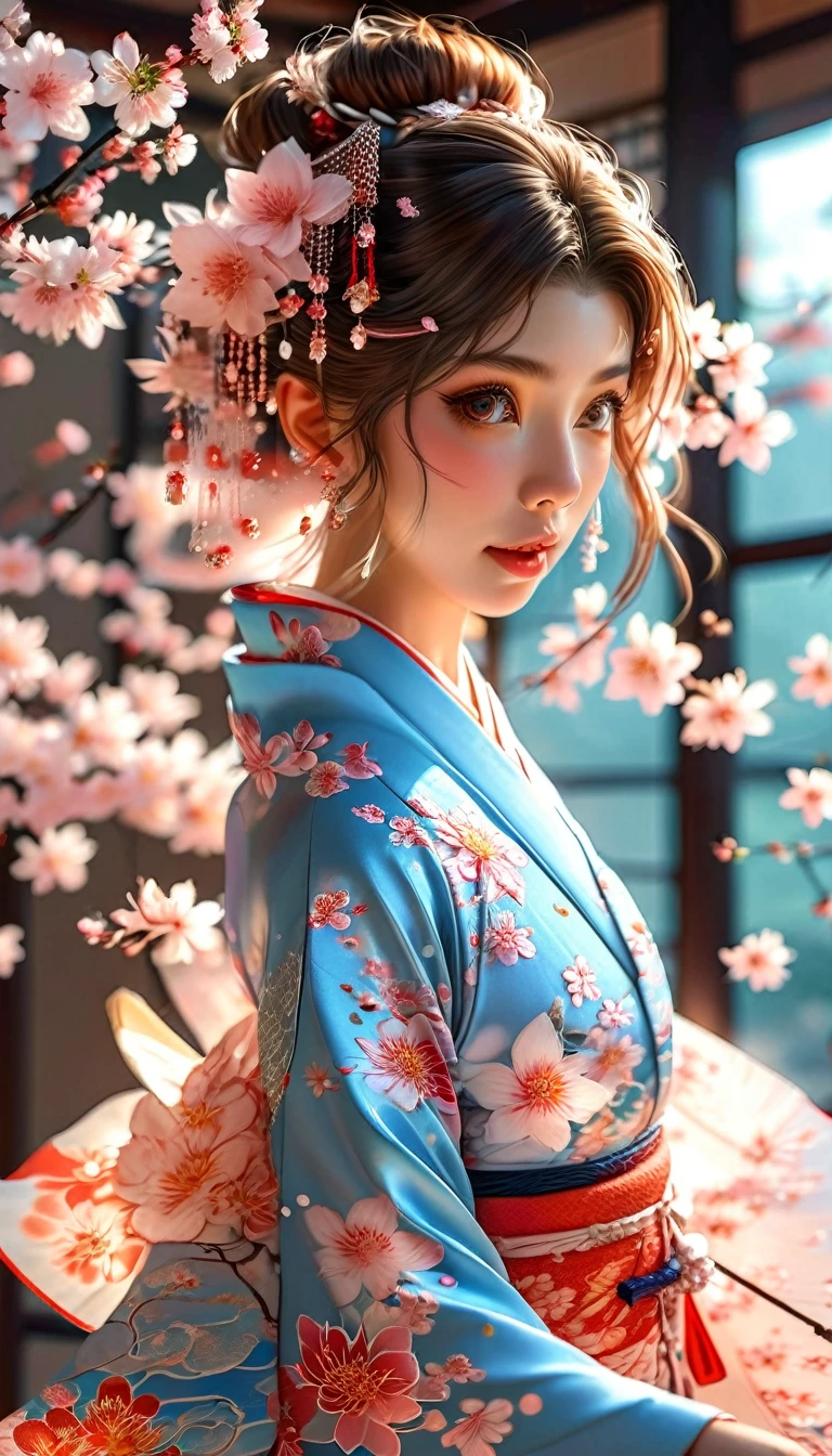 A masterpiece of a high school girl in a provocative kimono.: A masterpiece in 16K UHD resolution takes place in a Japanese-style room decorated with cherry blossoms and lanterns.。An attractive young woman with brown hair falling down her back、She wears a flowing kimono that accentuates her curves..。His blue eyes shine with admiration as he smiles with his mouth open...、Its detailed features give off a blushing charm.。Photorealistic images are、From the seams of your kimono to every strand of hair、Capture every detail as the light flows softly behind her..。Her long fingers are adorned with intricate nails.