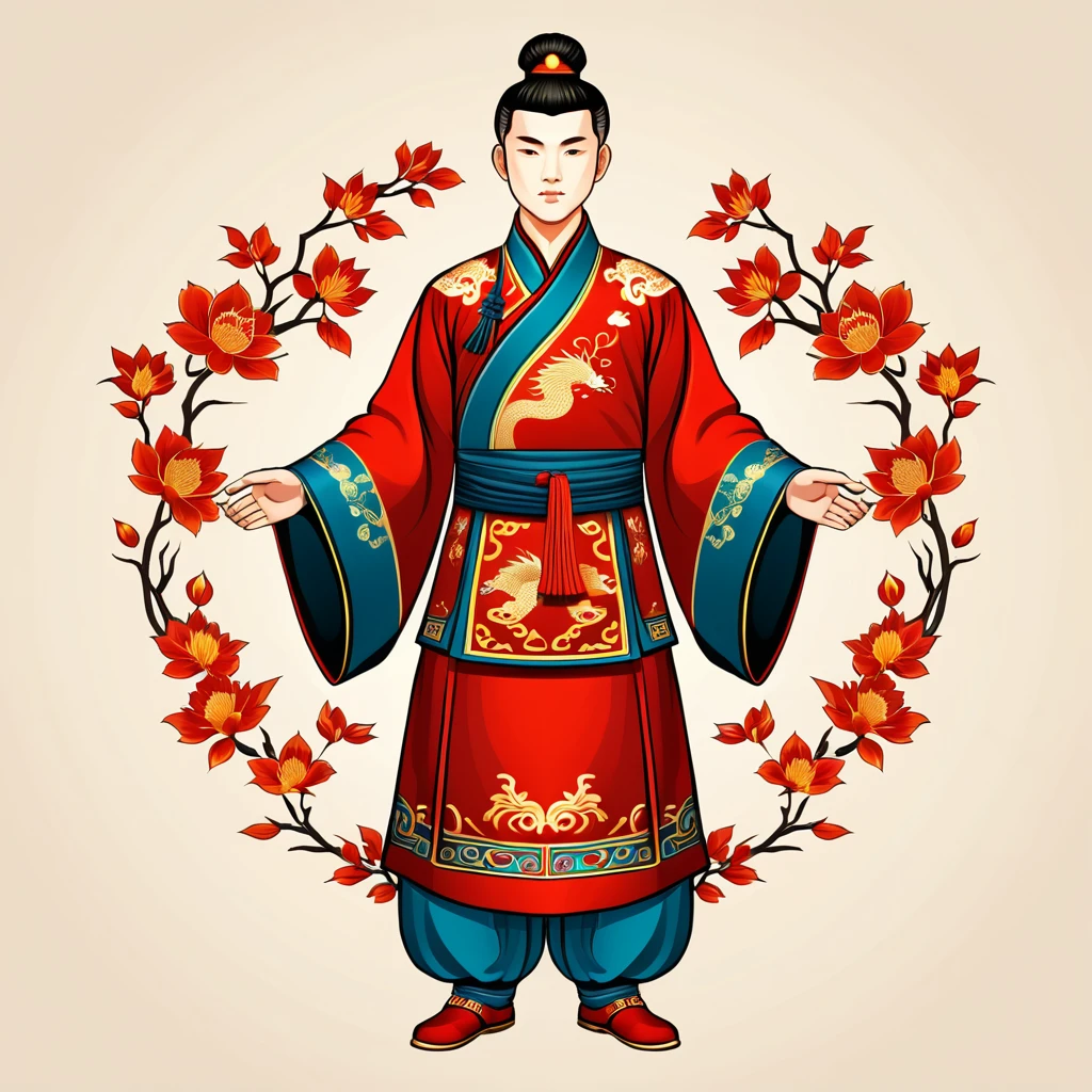 man in chinese folk outfit, vector graphics, strong contours
