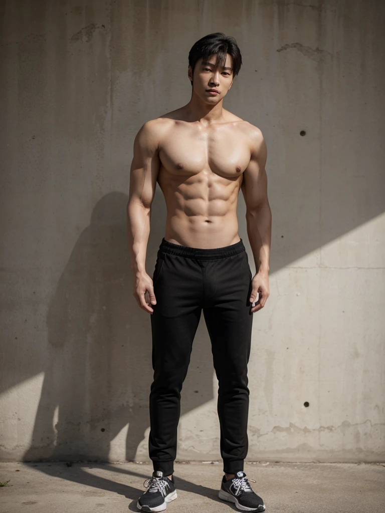 Korean man, handsome, muscular, athletic, shirtless, black pants, Full body shot