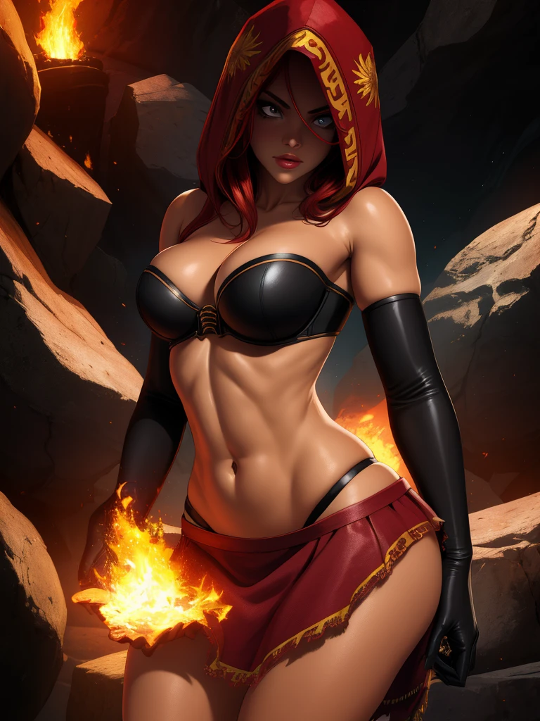 Dsorceress, redhair, shadowy face,dark cave, fire, hood, shadowed face, strapless bra, slim and athletic body, miniskirt, no panty, elbow gloves, dark skin, 1 girl (insanely detailed, masterpiece, best quality)