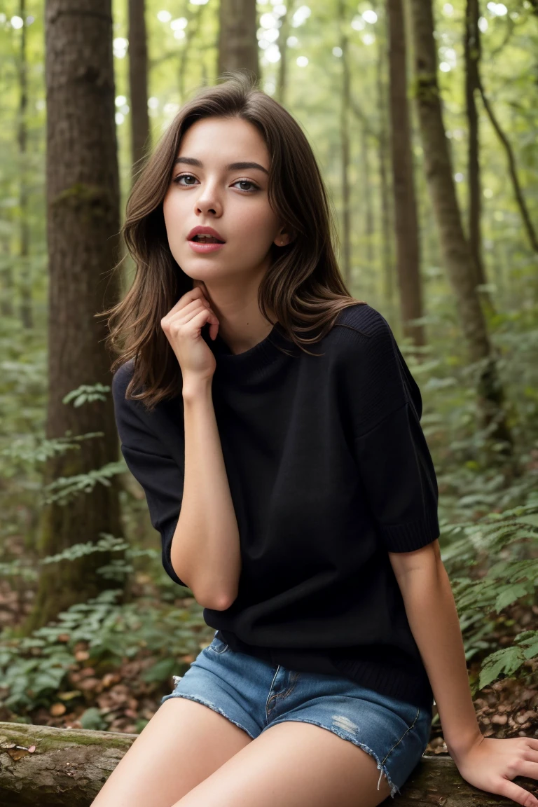 (bestquality,realistic:1.2),(brunette hair:1.1),(French:1.1),(sexy:1.1),(slim figure:1.1),(18 years old:1.1),(handcuffed:1.1),(black short sleeve sweater:1.1),(rolled-up sleeves:1.1),(hands up:1.1),(visible legs:1.1),(open mouth:1.1),illustration,forest,detailed eyes,detailed lips,high definition,professional lighting,vivid color