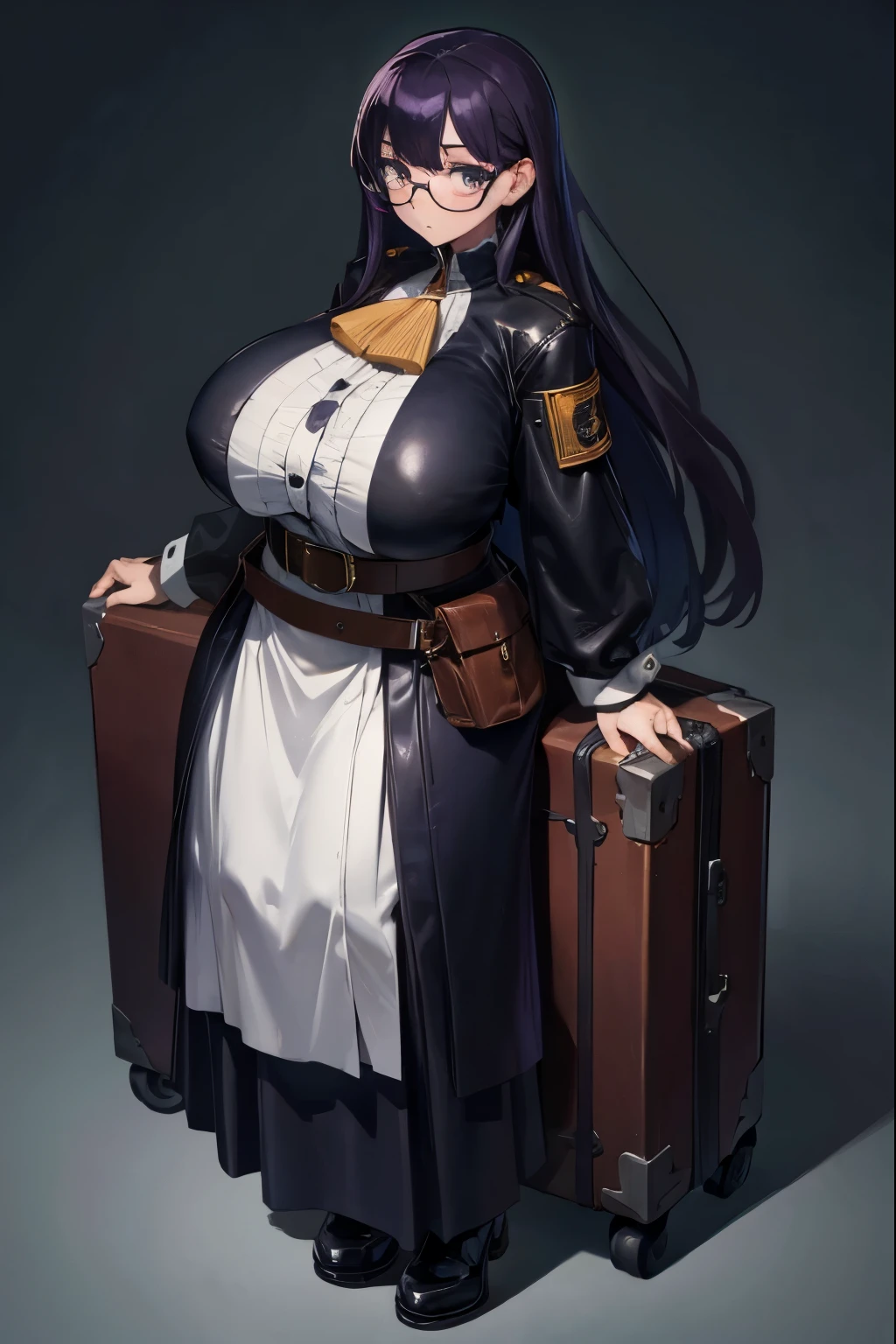 Highest quality, masterpiece, Ultra-high resolution, One Girl,Large round glasses,Loose-fitting clothing,gigantic breast,Long black purple hair,belt,Average height,White blouse,Navy blue long skirt,(Have a huge leather suitcase:1.2)