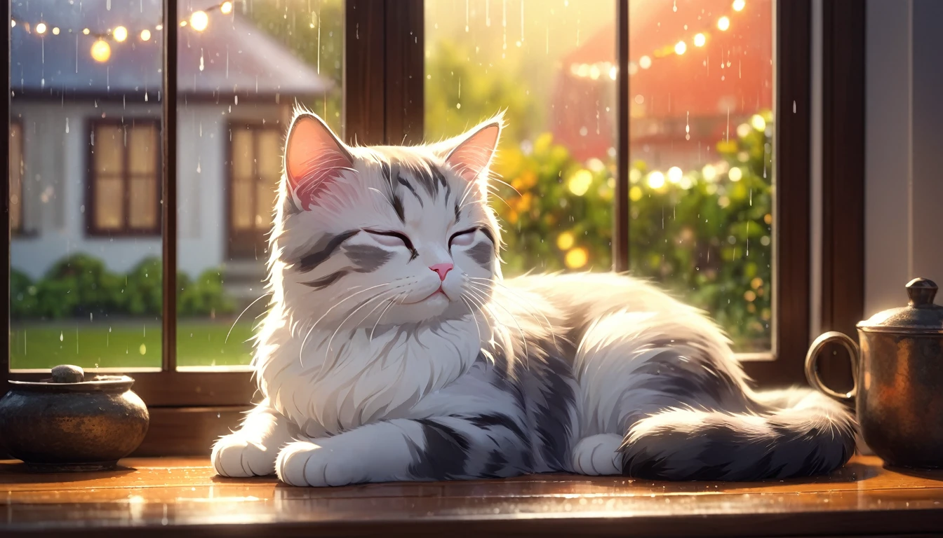 (masterpiece, best quality, high quality, high resolution, very detailed) A cute and adorable cat with its eyes closed, resting in a cozy room. The room creates a peaceful and calm atmosphere with a large window showing a rainy scene outside. The image features bokeh light effects to enhance the serene ambiance