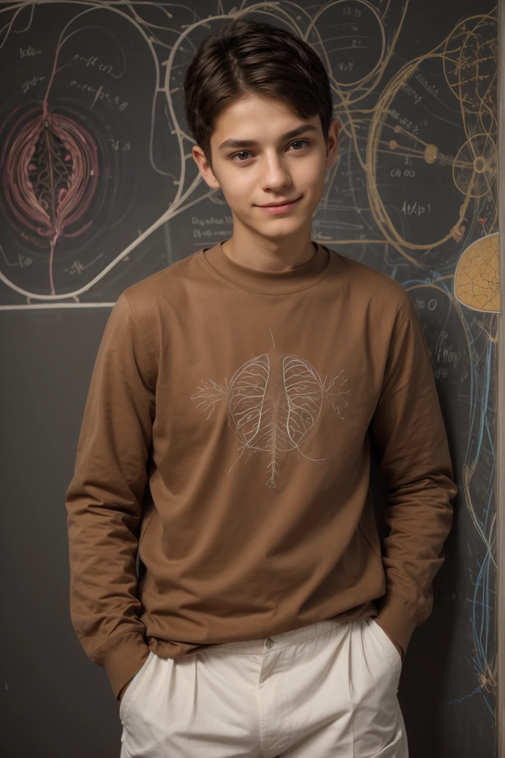 A beautiful young twink, male with black hair, wearing a long-sleeved white cotton shirt and brown pants. He is in his scientific office, and behind him is a blackboard on which are written the shape of the brain, its anatomy, and the nerve cell. He looks on proudly, with a face with makeup on.