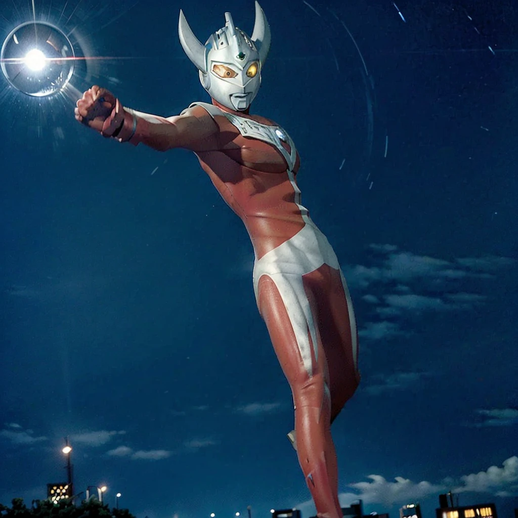 Put arms together and emit rays,40m tall Giant superhero Ultraman Taro,standing on Tokyo Japan,The same size as the building,tall and slim, portrait, fighting pose, photo high quality, realistic photo, night scene,silver helmet, glass hemisphere on chest glows, yellow eyes, forehead lamp glows,martial arts pose, slim body,long limbs,4K
