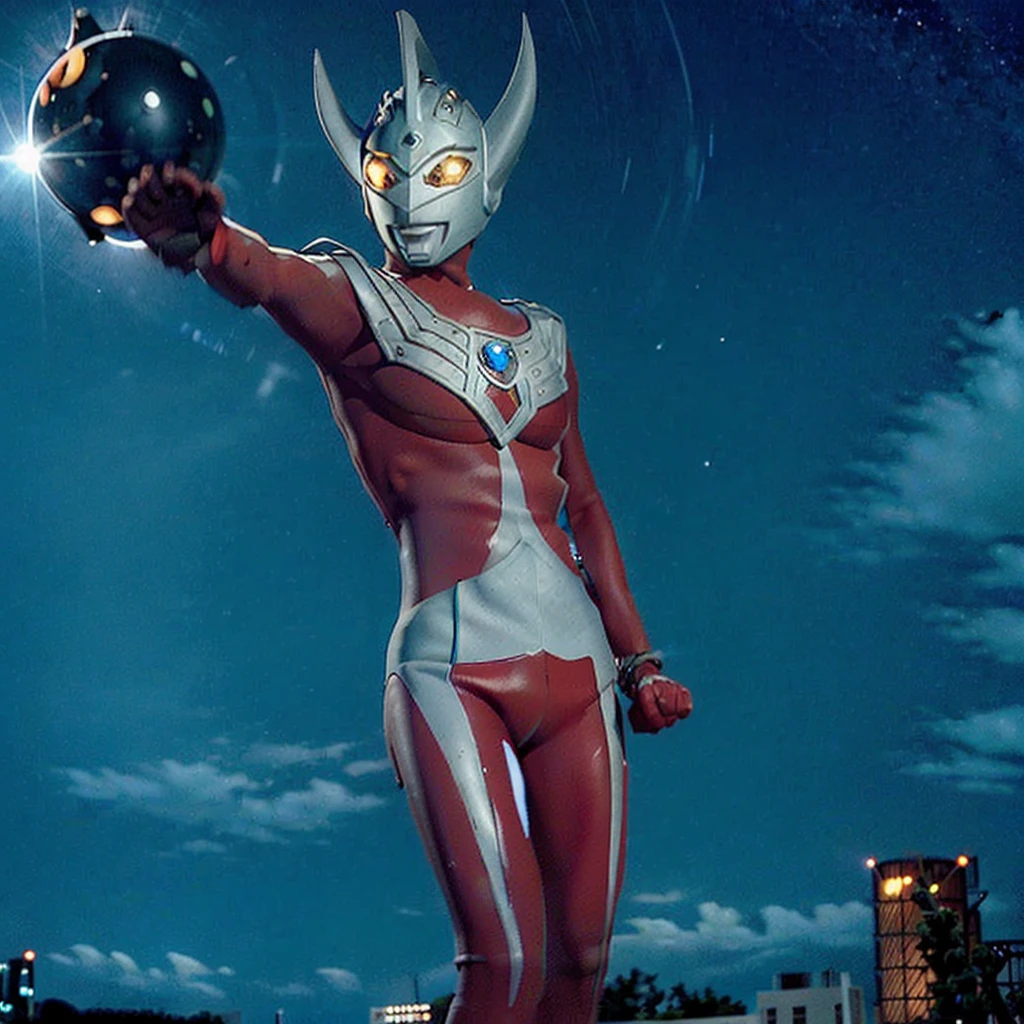 Put arms together and emit rays,40m tall Giant superhero Ultraman Taro,standing on Tokyo Japan,The same size as the building,tall and slim, portrait, fighting pose, photo high quality, realistic photo, night scene,silver helmet, glass hemisphere on chest glows, yellow eyes, forehead lamp glows,martial arts pose, slim body,long limbs,4K
