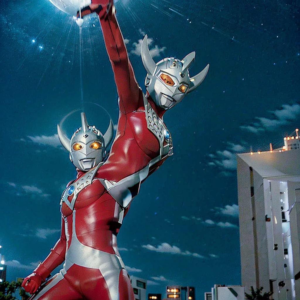 Put arms together and emit rays,40m tall Giant superhero Ultraman Taro,standing on Tokyo Japan,The same size as the building,tall and slim, portrait, fighting pose, photo high quality, realistic photo, night scene,silver helmet, glass hemisphere on chest glows, yellow eyes, forehead lamp glows,martial arts pose, slim body,long limbs,4K
