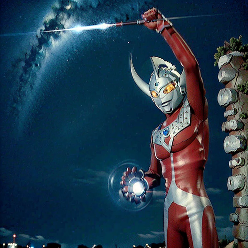 Put arms together and emit rays,40m tall Giant superhero Ultraman Taro,standing on Tokyo Japan,The same size as the building,tall and slim, portrait, fighting pose, photo high quality, realistic photo, night scene,silver helmet, glass hemisphere on chest glows, yellow eyes, forehead lamp glows,martial arts pose, slim body,long limbs,4K
