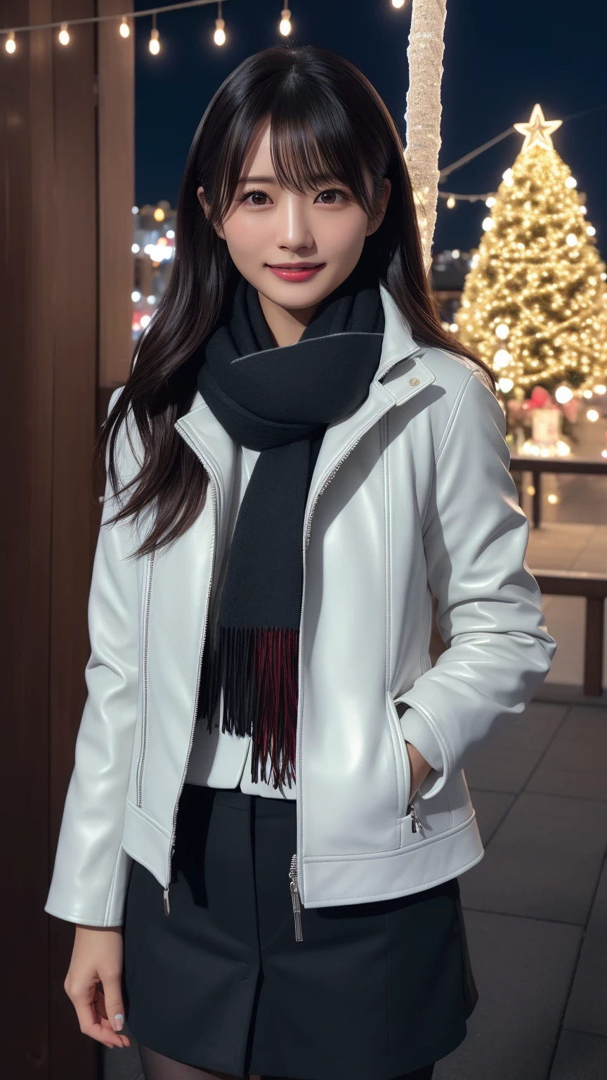 ((Excellent style)), Japanese women、Photorealistic、Beautiful attention to detail、Hyperrealism、High Contrast、Ultra HD、Realistic skin texture、Best image quality、Highest quality、Ultra-high resolution、Fine details、White scarf, Black leather jacket, 背景にクリスマスillumination, slender, night, illumination, illumination, Xmas, smile