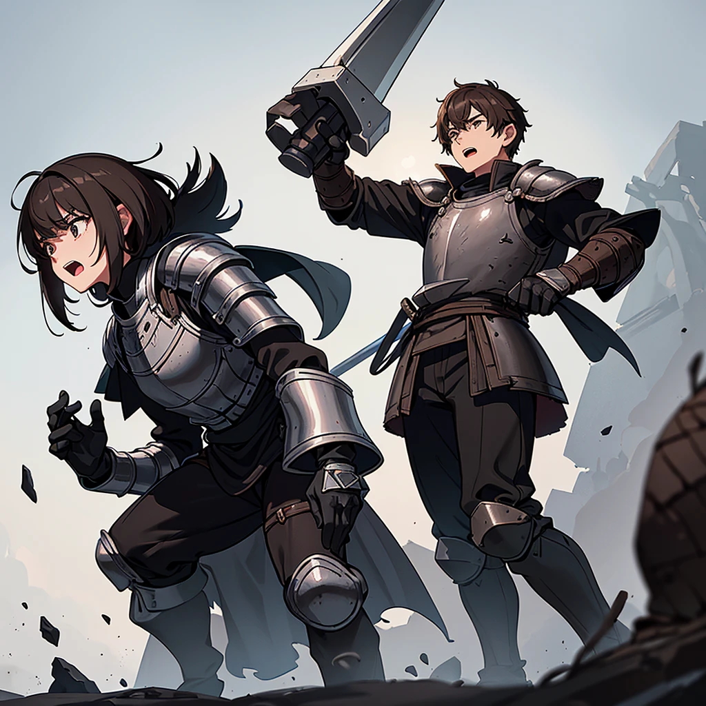 Best illustrations、Best Quality、(((Simple grey armor、Black trousers、Black gloves、Short Hair、Brown Hair、20 year old man)))、(((Grab the sword、Get Ready)))、(Old ruins、desert。Grass)、Fall to the floor、(Black, muddy swamp)、(仮面の中世の騎士が10 people)、(get annoyed、Open your mouth、Get angry)、(lots of medieval knights、10 people)、battlefield、(From below)、(White background)