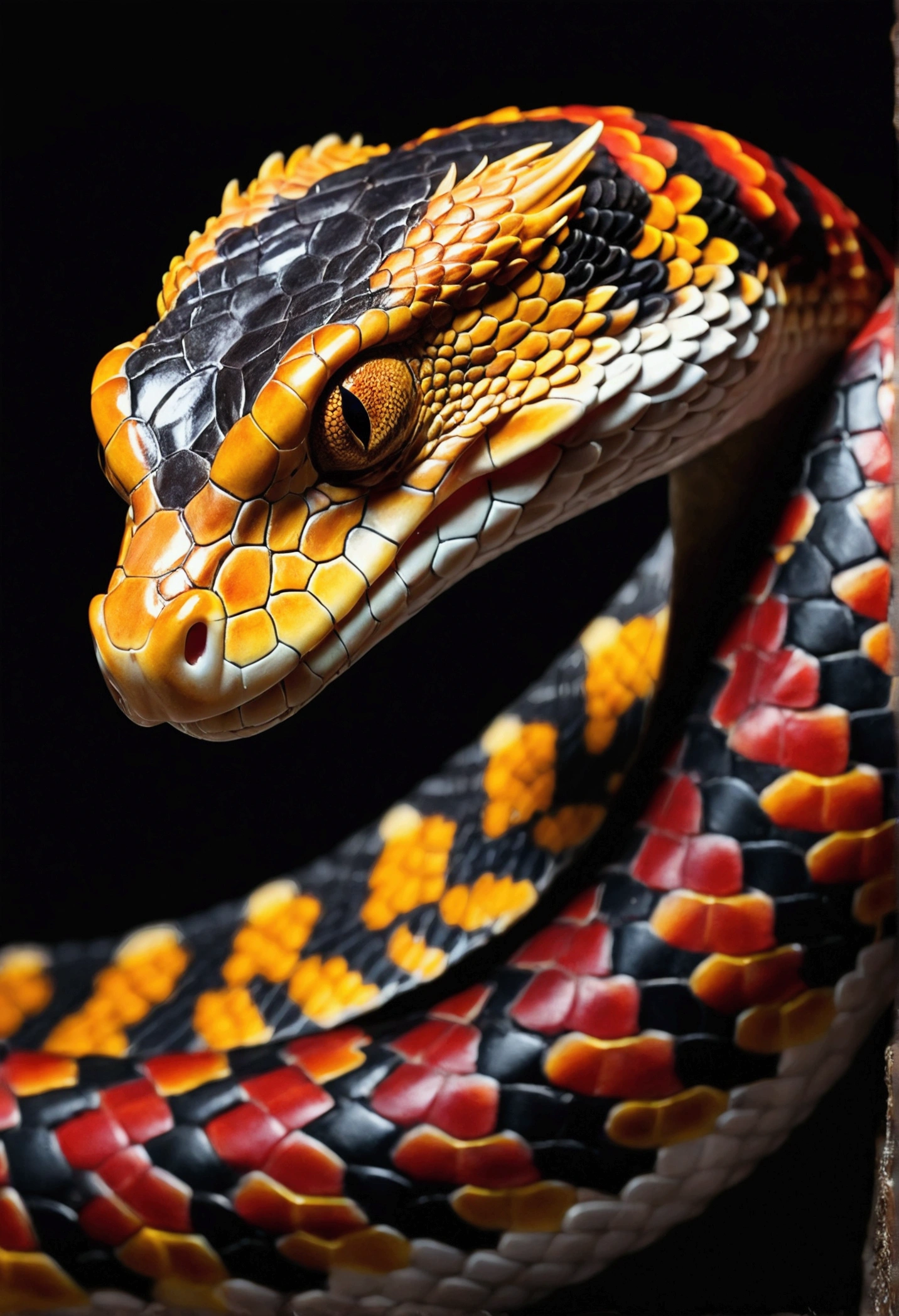 Take a realistic image of a dragon-horned snake, No Legs, Decorated with black scales,With intricate red and gold pattern. Snakes should be colorful, beautiful eyes,Depicted in dynamic full-body poses. Using lighting and Rembrandt lighting techniques to create depth and drama in your images. Incorporate volumetric lighting to enhance the atmosphere around the snake. Photos should be taken using an aperture of F/2.8. Create Shallow Depth of Field,Keep your focus on your subject. Ensure maximum detail and ultra-realism in your renderings. The snake should be in the center of the frame, striking,Radiating beauty and majesty. The overall composition should be visually appealing,and showcasing the intricate details of the snake's scales and horns.
(Dramatic Lighting, photography, 3d illustration, Vibrant colors, Fine details, The award-winning, amazing) epiC Photos