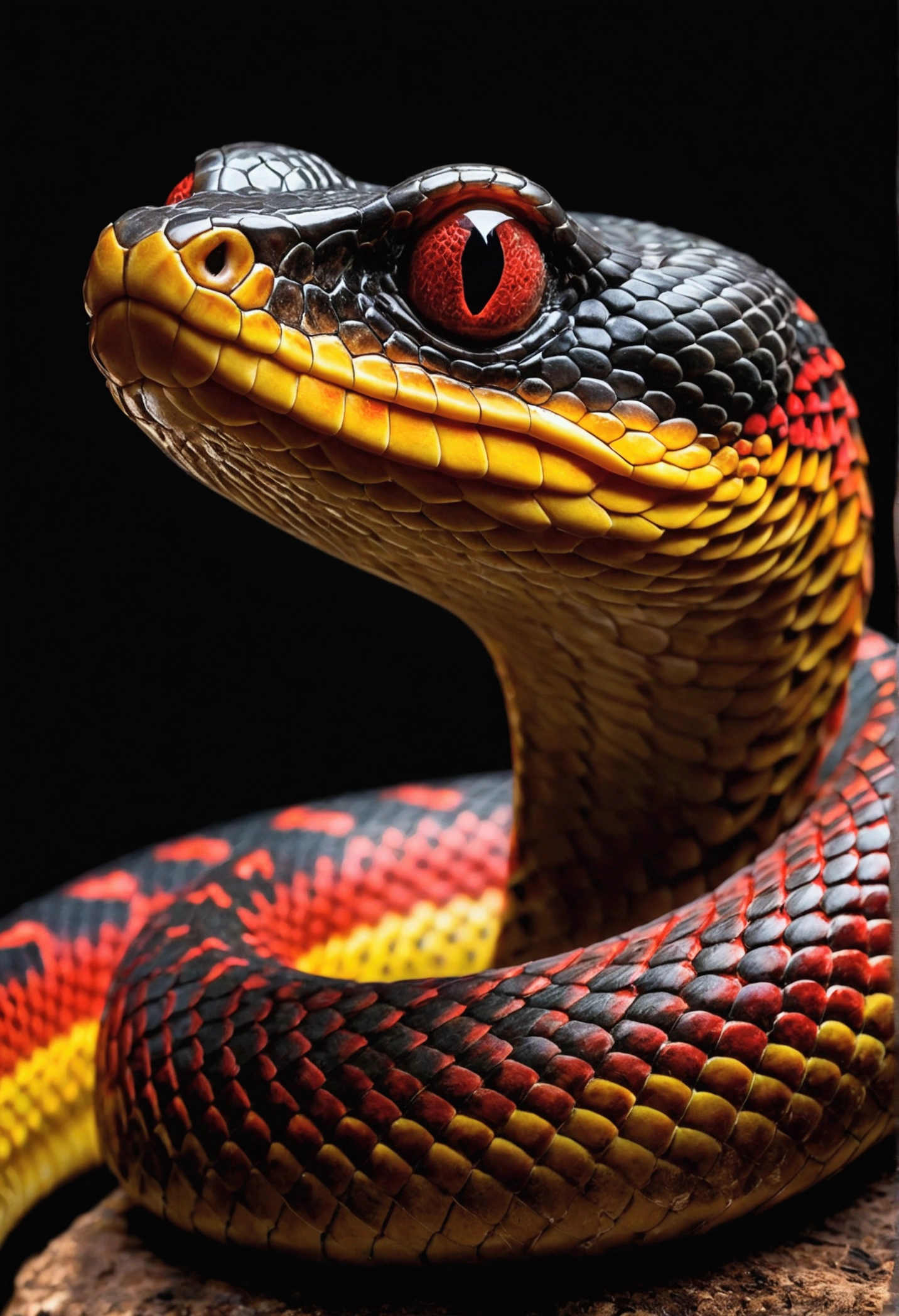 Take a realistic image of a dragon-horned snake, No Legs, Decorated with black scales，With intricate red and gold pattern. Snakes should be colorful, beautiful eyes，Depicted in dynamic full-body poses. Using lighting and Rembrandt lighting techniques to create depth and drama in your images. Incorporate volumetric lighting to enhance the atmosphere around the snake. Photos should be taken using an aperture of F/2.8. Create Shallow Depth of Field，Keep your focus on your subject. Ensure maximum detail and ultra-realism in your renderings. The snake should be in the center of the frame, striking，Radiating beauty and majesty. The overall composition should be visually appealing，and showcasing the intricate details of the snake&#39;s scales and horns.
(Dramatic Lighting, photography, 3d illustration, Vibrant colors, Fine details, The award-winning, amazing)  epiC Photos