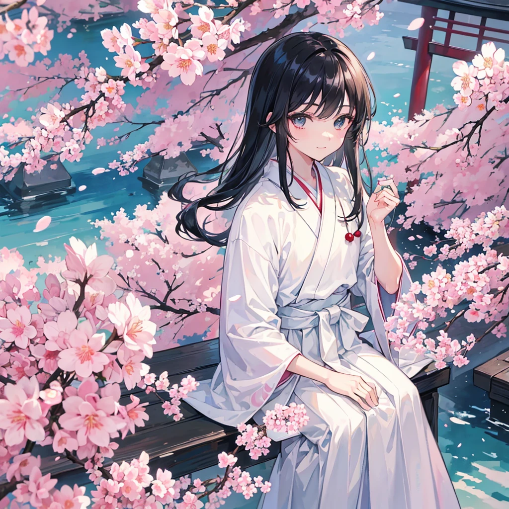 {{masterpiece}}, {{best quality}}, {ultra-detailed}, watercolor, spring, a cool boy, 1boy, 独奏,, beautiful black hair, beautiful black eyes, {beautiful eyes}, white-skinned, long hair, light smile,(Hakama),(shrine),(cherry blossoms)