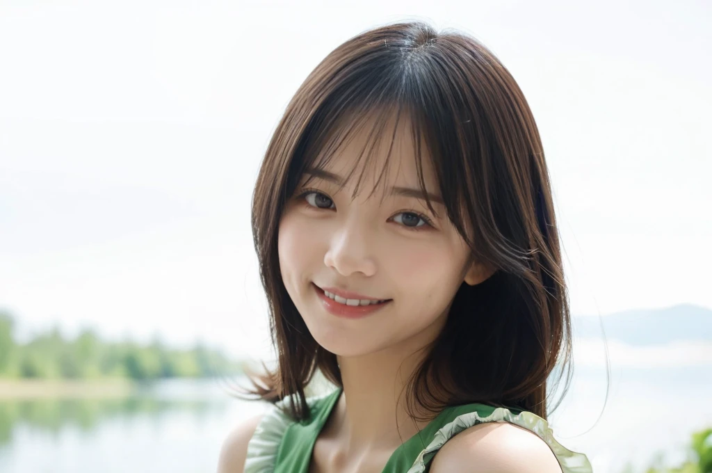Highest quality　masterpiece　Beautiful woman photo style　smile　The background is a lake　Green World　Fairytale　kind