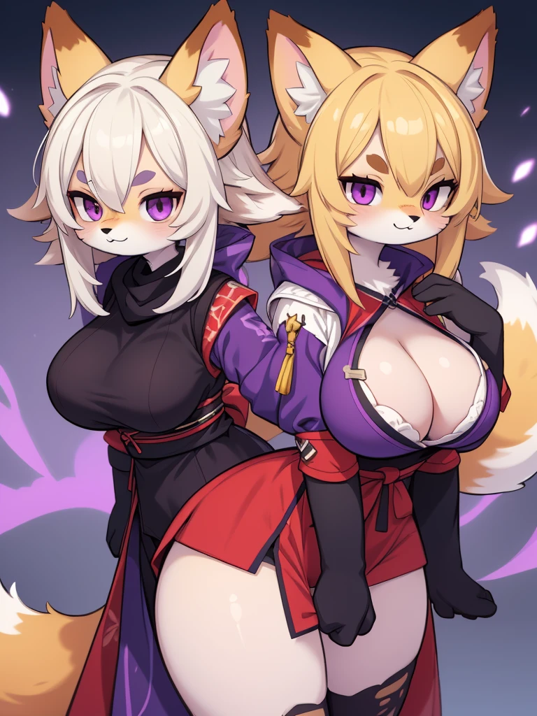 ,fox,anthro,furry,highest quality,highquality,HD,mature female,anime,,grammar,blonde hair,messy hair,purple eye,ninja,large breasts,thick eyebrows