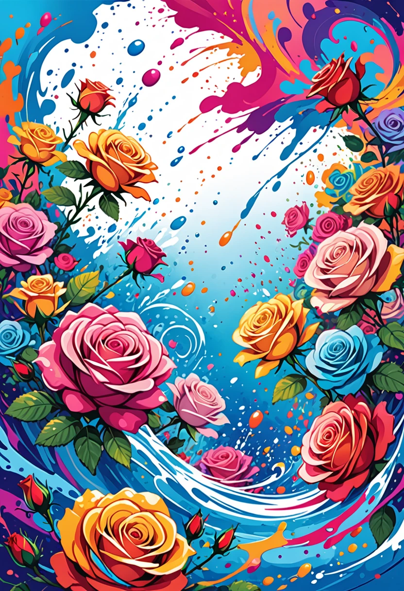 vectorial art, Colorful illustration with many roses, At the center, swirly vibrant colors, paint splashes and smears, high détail, Underwater swimming background