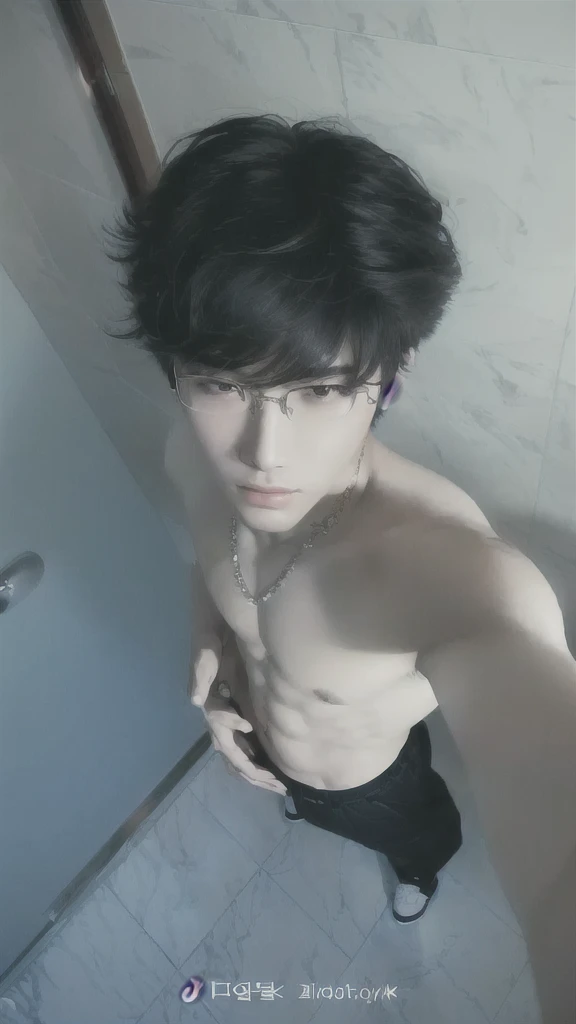 a man with glasses standing in a bathroom, south korean man, ulzzang with glasses, muscular korean boy 21 years old, filtered image, young man, Yeonjun, Yeonjun txt, Yeonjun TOMORROW X TOGETHER, detailed portrait, beautiful detailed eyes, beautiful detailed lips, extremely detailed eyes and face, long eyelashes, handsome, muscular build, stylish glasses, wet hair, steam in the bathroom, warm lighting, realistic, photorealistic, high quality, 8k, masterpiece, intricate details, cinematic lighting, dramatic shadows, vivid colors, emotional expression