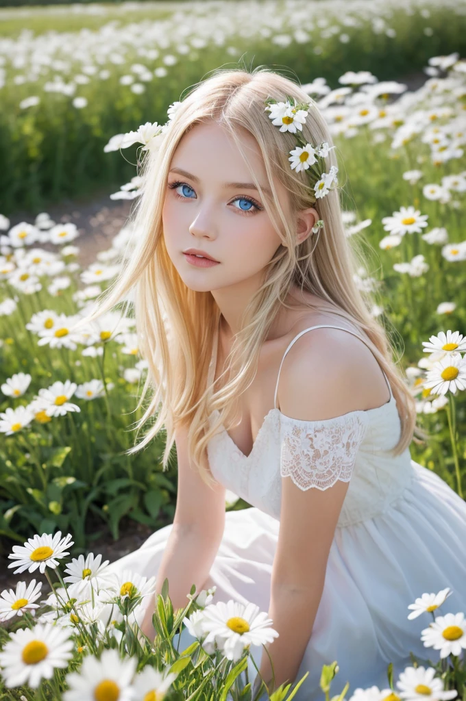 1girl,in a field of flowers,white flower,looking at viewer,blue eyes,blonde hair,daisy,long hair,pure white dress,