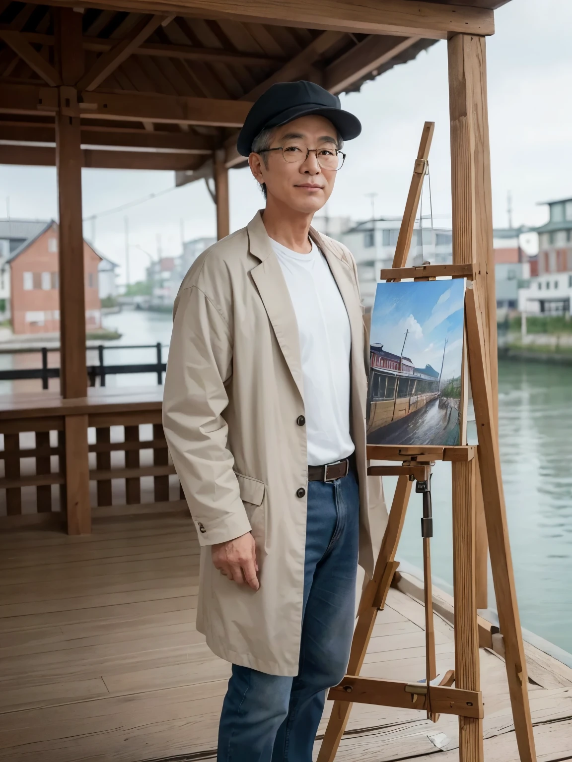 ((A 60-year-old Japanese man. A wooden tripod easel and paintings stand next to him while standing by the Otaru Canal in Hokkaido, Japan. The old warehouse by the canal can be seen in the background... He wears old-fashioned round-rimmed black glasses.Wearing a light gray fisherman hat..But he has the temperament of an artist.painter.)) ((top quality.real photos.masterpiece(CG Unity 8K High Detail Photo.Full body image))..他是一個水彩畫painter.full of artist temperament.Wearing a white shirt and a black jacket.Standing. For photographers.maintain eye contact.with a sincere smile.