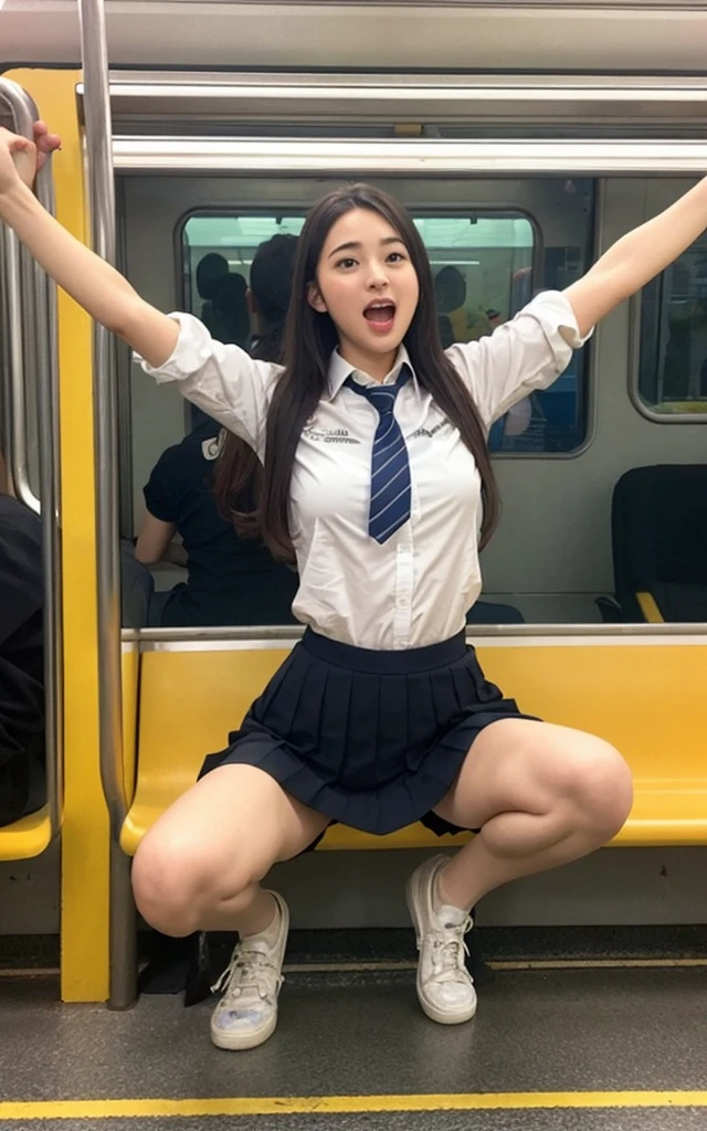 Japanese women,high quality, 32K Full HD,Live-action adaptation,Muscularなリアルな顔,Realistic texture,16 years old,alone,Muscular,high school girl.mini skirt,uniform,shirt,check,tie,Audience,Front view,in the train,Squat down and spread your legs,Raise your arms behind your head,stick out your tongue a lot,Excited