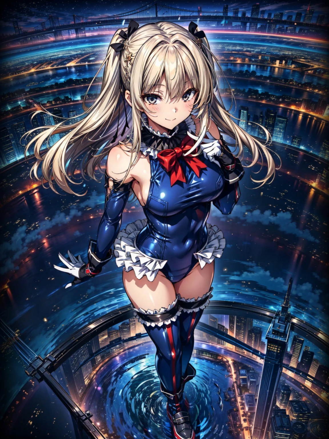 finest masterpiece, Super detailed, Highest quality, Sharp focus, 12k, ultra hi resolution picture, big ,12k,Perfect Anatomy, Highest quality, Marie Rose,Wicked Smile,Provocative attitude
,,Wicked Smile,Anime Style,(Frilled swimsuit, Knee socks, Removed sleeve), (Anime Style:1.4) ,
,(White fingers:1.1,Black gloves),
Hollow Eyes,,One Girl、(Futuristic cityscape),,(whole body:1.3),横から
