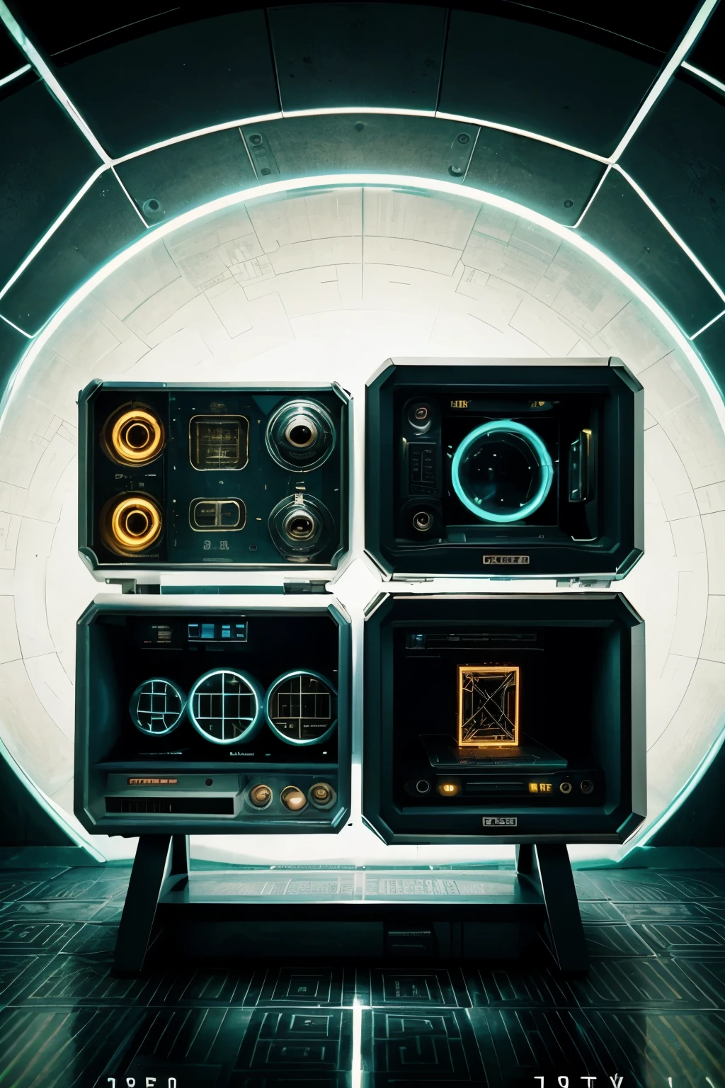 crazy retro devices a lot og them in a labyrinth

 Holographic elements. inspired by 1950s science fiction. Style: organic retrofuturistic. (troublemaker intentions) white background #66cfeb  #ff5f5f