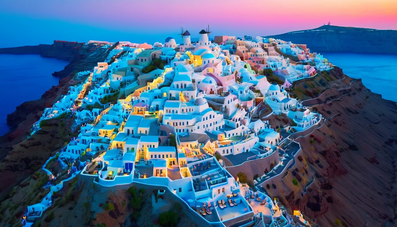 front aerial view Santorini Greece, multi color house blue cyan pink green yellow red, soft lighting, Mediterranean landscape, Greek fantasy panorama, Greek architecture, Greek fantasy, incredibly beautiful, Greek style, Mediterranean city, breathtaking image, masterpiece artwork, 8k, 16k, best quality, high detail, high quality, super detail, high resolution